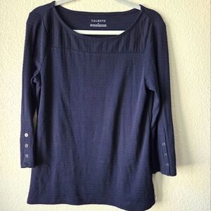 NWT Sz Small Talbots Pima Cotton Ribbed Boatneck Navy Blue 3/4 Sleeve w Buttons